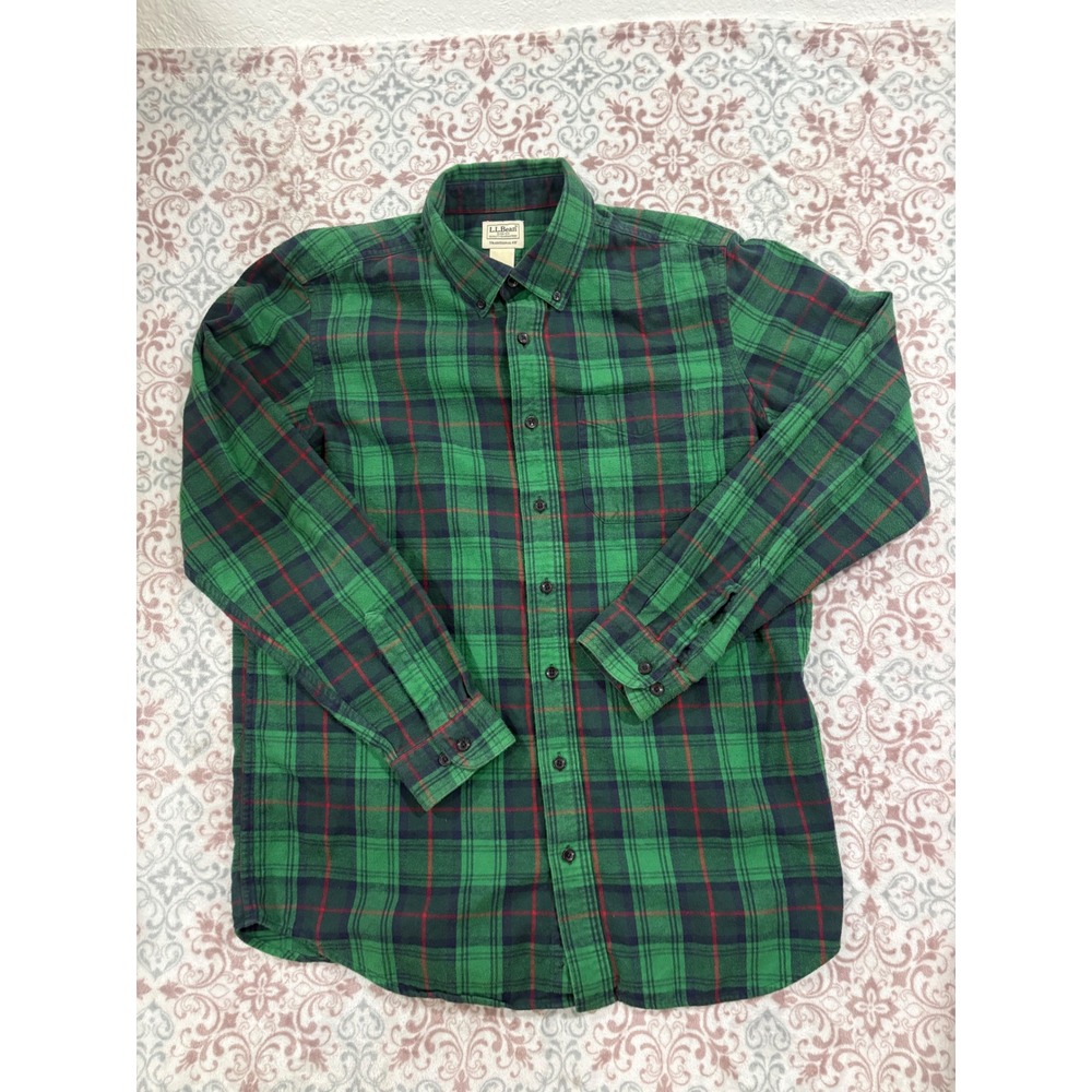LL Bean Mens Large Tall Flannel Shirt Green Plaid Traditional Fit 228066